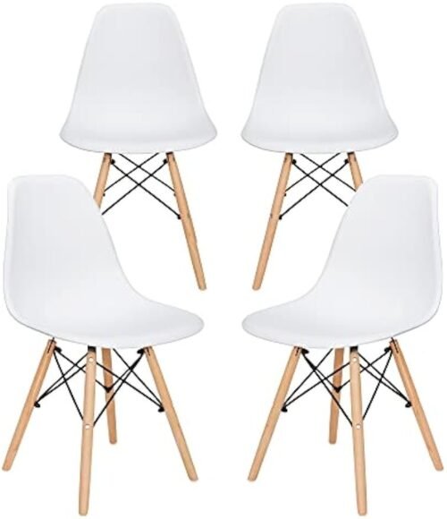 Modern Dining Chairs Set of 4 Plastic DSW Shell Lounge Chair Mid Century Side Chairs with Solid Wood Legs for Living Room, Kitchen, Dinning Room, Bedroom, White