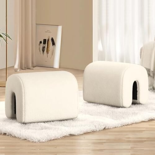 2PCS Lamb Wool Ottoman, Small U-Shaped Foot Stools, Beige Single Sofa Resting Foot Rest Stool, Vanity Chair Bench for Bedroom End, Makeup Desk,Entryway, Living Room（18.11"*14.17"*15.55"）