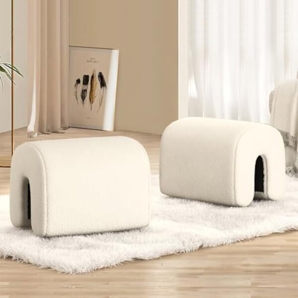 2PCS Lamb Wool Ottoman, Small U-Shaped Foot Stools, Beige Single Sofa Resting Foot Rest Stool, Vanity Chair Bench for Bedroom End, Makeup Desk,Entryway, Living Room（18.11"*14.17"*15.55"）