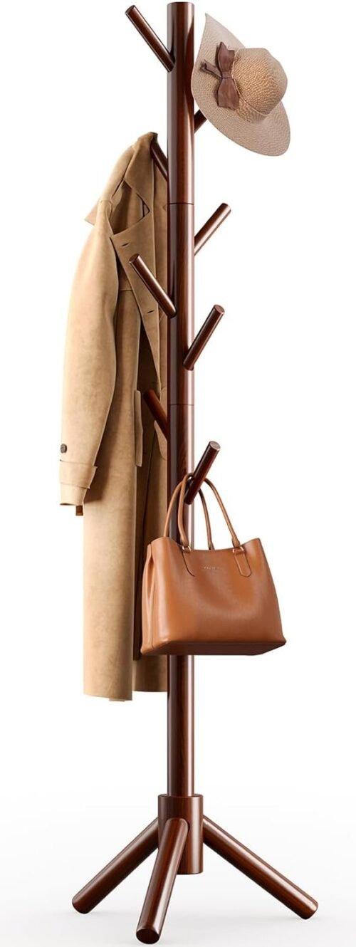 Coat Rack Stand, Wooden Coat Rack Freestanding with 8 Hooks, Coat Tree with 3 Height Configurations for Entryway, Hallway, Bedroom, Office, AMWCR01