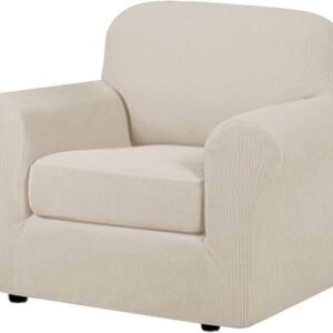 H.VERSAILTEX 3 Piece Stretch Sofa Covers for 2 Cushion Sofa Couch Covers for Living Room Furniture Cover (Base Cover Plus 2 Seat Cushion Covers) Thicker Jacquard Fabric(Large Sofa, Grey)