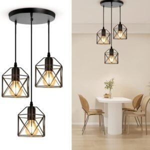 51A_RwGStiL._AC.jpg 3-Light Pendant Light Fixtures, Farmhouse Kitchen Island Light Fixture, Industrial Hanging Pendant Lighting for Dining Room Bedroom, Black Metal Cage Pendant, E26 Base, Bulbs Not Included