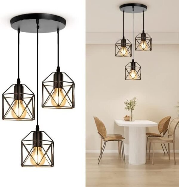 51A_RwGStiL._AC.jpg 3-Light Pendant Light Fixtures, Farmhouse Kitchen Island Light Fixture, Industrial Hanging Pendant Lighting for Dining Room Bedroom, Black Metal Cage Pendant, E26 Base, Bulbs Not Included