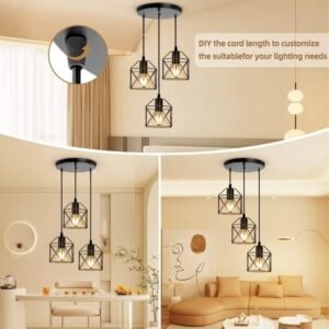 51AjNktDmFL._AC.jpg 3-Light Pendant Light Fixtures, Farmhouse Kitchen Island Light Fixture, Industrial Hanging Pendant Lighting for Dining Room Bedroom, Black Metal Cage Pendant, E26 Base, Bulbs Not Included