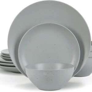 Moon Dinnerware Sets for 4, 12 Piece Stoneware Plates and Bowls Sets with Speckled Design, Matte Dish Set, Microwave and Dishwasher Safe, Charcoal