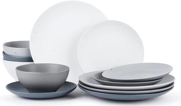 Moon Dinnerware Sets for 4, 12 Piece Stoneware Plates and Bowls Sets with Speckled Design, Matte Dish Set, Microwave and Dishwasher Safe, Charcoal