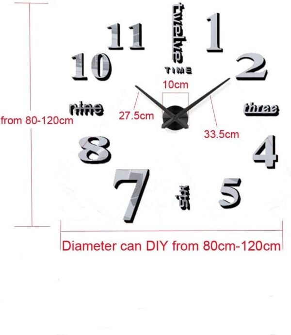 Large 3D DIY Wall Clock Frameless Mirror Surface Big Wall Clock Home Decoration for Living Room Bedroom Home Office Kids Room Hotel Coffee Hall Bar Wall Decoration