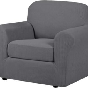 H.VERSAILTEX 3 Piece Stretch Sofa Covers for 2 Cushion Sofa Couch Covers for Living Room Furniture Cover (Base Cover Plus 2 Seat Cushion Covers) Thicker Jacquard Fabric(Large Sofa, Grey)