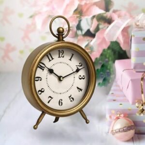 Vintage Table Clock on Stand, Decorative Desk and Shelf Clock Rustic Mantel Clock Non-Ticking, Metal Frame with Antique Gold Finish