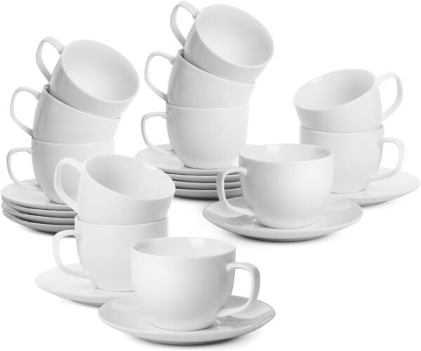White Tea Cups and Saucers, 8oz, Tea Cups Set of 12, Porcelain Tea Cups, White Cup & Saucer Sets, White Tea Cup Set of 12, Tea Cup Sets, Bulk Tea Cups and Saucers Set of 12, Tea Cups and Sets