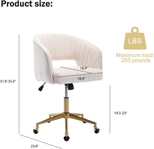 Velvet Office Desk Chair, Upholstered Home Office Desk Chairs with Adjustable Swivel Wheels, Ergonomic Office Chair for Living Room, Bedroom, Office, Vanity Study (Beige)