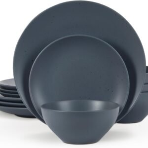 Moon Dinnerware Sets for 4, 12 Piece Stoneware Plates and Bowls Sets with Speckled Design, Matte Dish Set, Microwave and Dishwasher Safe, Charcoal