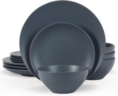 Moon Dinnerware Sets for 4, 12 Piece Stoneware Plates and Bowls Sets with Speckled Design, Matte Dish Set, Microwave and Dishwasher Safe, Charcoal