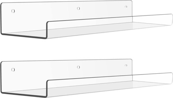 51f7j-_8dwL._AC_SL1500.jpg 4 Pack Acrylic Shelves for Wall Storage, 15" Floating Bookshelves for Kids, Display Shelf Organizer for Bathroom, Bedroom, Living Room, Kitchen, Room Decor, Clear