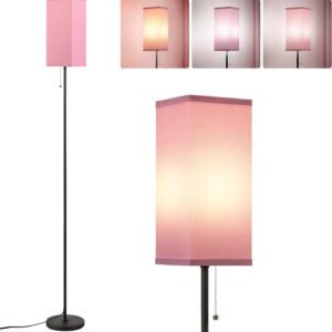 Tall Floor Lamp with Linen Shade - 3 Color Temperature, Black, LED Bulbs, Pull Chain Switch, Easy Assembly
