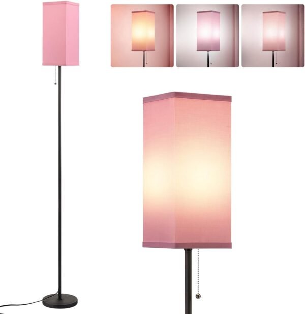 Tall Floor Lamp with Linen Shade - 3 Color Temperature, Black, LED Bulbs, Pull Chain Switch, Easy Assembly