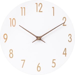 Wall Clocks Battery Operated, 12 Inch Silent Non Ticking Wood Modern Wall Clock, Quartz White and Gold Wall Clock Decorative for Living Room Decor Kitchen Bedroom Office Home
