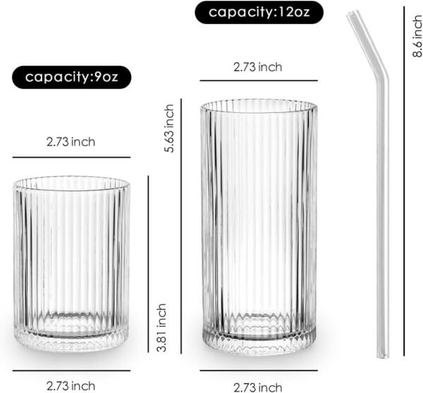 Cocktail Glasses Drinking Set of 8, 4pcs Collins Glass Cups with Straw 12oz & 4pcs Rocks Glasses 9oz, Ribbed Glassware for Coffee Wine Whiskey Glasses, Housewarming Gifts New House Essentials