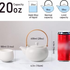 20oz Ceramic Teapot with 4 Teacup, Japanese Style Porcelain Tea Pot, Loose Leaf and Blooming Tea Maker Tea Caddy Cups Pottery Tea Sets with Bentwood Handle for Women Gift (Gloss White)