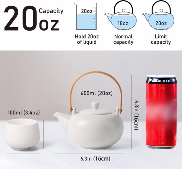20oz Ceramic Teapot with 4 Teacup, Japanese Style Porcelain Tea Pot, Loose Leaf and Blooming Tea Maker Tea Caddy Cups Pottery Tea Sets with Bentwood Handle for Women Gift (Gloss White)