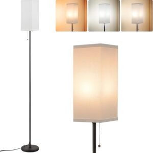 Tall Floor Lamp with Linen Shade - 3 Color Temperature, Black, LED Bulbs, Pull Chain Switch, Easy Assembly
