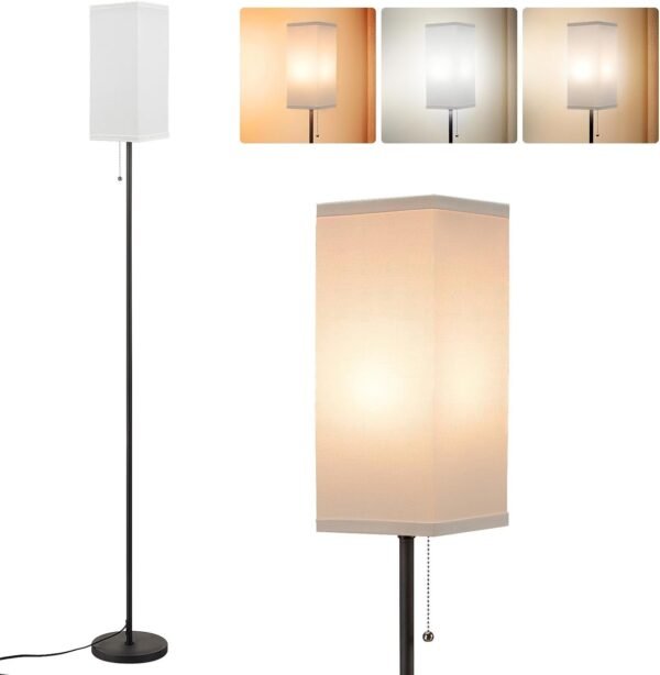 Tall Floor Lamp with Linen Shade - 3 Color Temperature, Black, LED Bulbs, Pull Chain Switch, Easy Assembly
