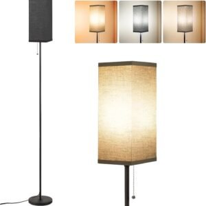 Tall Floor Lamp with Linen Shade - 3 Color Temperature, Black, LED Bulbs, Pull Chain Switch, Easy Assembly