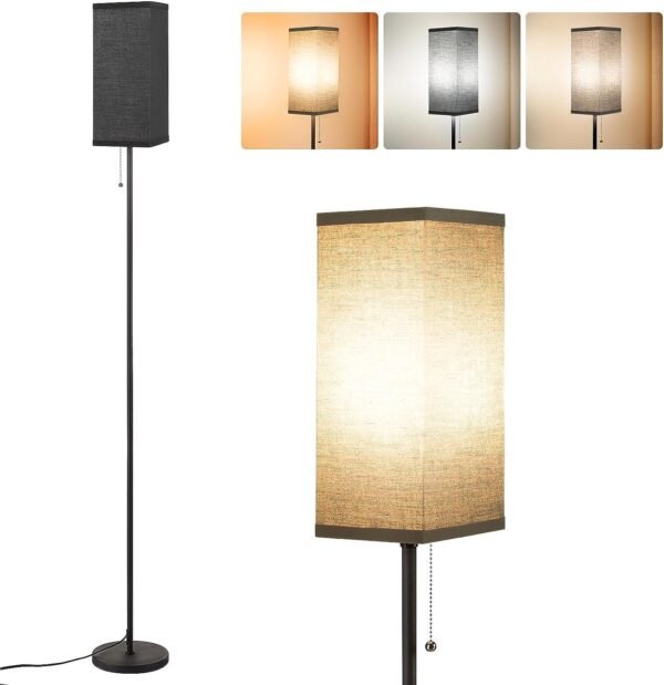 Tall Floor Lamp with Linen Shade - 3 Color Temperature, Black, LED Bulbs, Pull Chain Switch, Easy Assembly