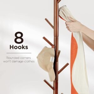 Coat Rack Stand, Wooden Coat Rack Freestanding with 8 Hooks, Coat Tree with 3 Height Configurations for Entryway, Hallway, Bedroom, Office, AMWCR01