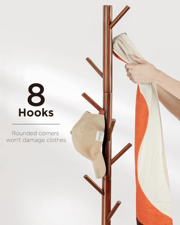 Coat Rack Stand, Wooden Coat Rack Freestanding with 8 Hooks, Coat Tree with 3 Height Configurations for Entryway, Hallway, Bedroom, Office, AMWCR01