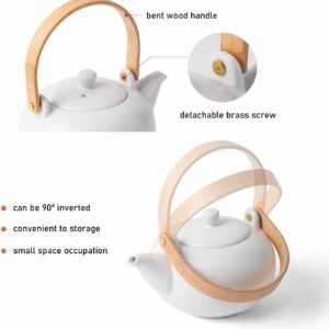 20oz Ceramic Teapot with 4 Teacup, Japanese Style Porcelain Tea Pot, Loose Leaf and Blooming Tea Maker Tea Caddy Cups Pottery Tea Sets with Bentwood Handle for Women Gift (Gloss White)