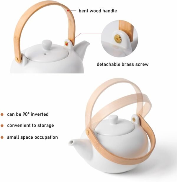 20oz Ceramic Teapot with 4 Teacup, Japanese Style Porcelain Tea Pot, Loose Leaf and Blooming Tea Maker Tea Caddy Cups Pottery Tea Sets with Bentwood Handle for Women Gift (Gloss White)