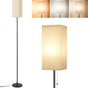 Tall Floor Lamp with Linen Shade - 3 Color Temperature, Black, LED Bulbs, Pull Chain Switch, Easy Assembly