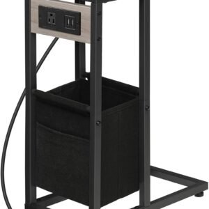 61860dNDjvL._AC_SL1500.jpg HOOBRO C Shaped Side Table with Charging Station, Foldable End Table with Fabric Bag, Sofa Table Coffee Table Snack Table for Couch Small Space Living Room, Bedroom, Greige and Black BG30USF01