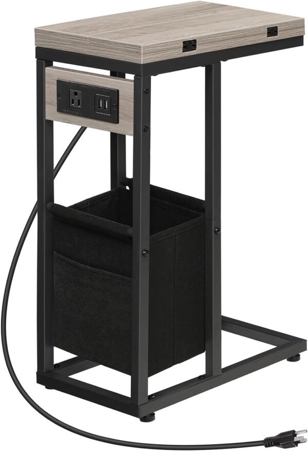 61860dNDjvL._AC_SL1500.jpg HOOBRO C Shaped Side Table with Charging Station, Foldable End Table with Fabric Bag, Sofa Table Coffee Table Snack Table for Couch Small Space Living Room, Bedroom, Greige and Black BG30USF01