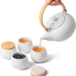 20oz Ceramic Teapot with 4 Teacup, Japanese Style Porcelain Tea Pot, Loose Leaf and Blooming Tea Maker Tea Caddy Cups Pottery Tea Sets with Bentwood Handle for Women Gift (Gloss White)