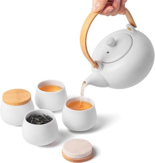 20oz Ceramic Teapot with 4 Teacup, Japanese Style Porcelain Tea Pot, Loose Leaf and Blooming Tea Maker Tea Caddy Cups Pottery Tea Sets with Bentwood Handle for Women Gift (Gloss White)