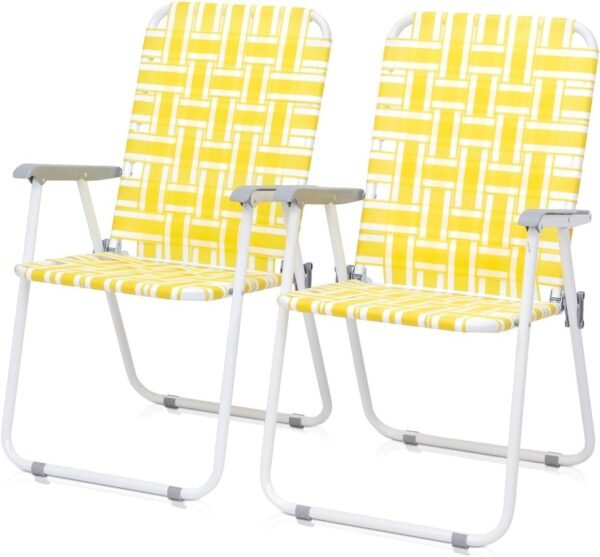Set of 2 Patio Folding Lawn Chair, Outdoor Beach Chair Portable Camping Chair, Webbed Folding Chair for Yard, Garden (Yellow)