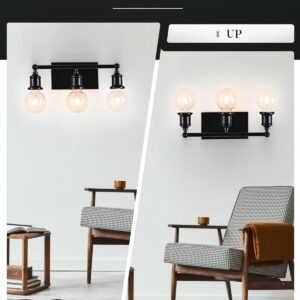 3-Light Vanity Light Fixture, Industrial Black Wall Sconce Lighting Fixture, Farmhouse Vanity Wall Lights Over Mirror, E26 Base Indoor Wall Lamp for Bathroom (Bulb Not Included)