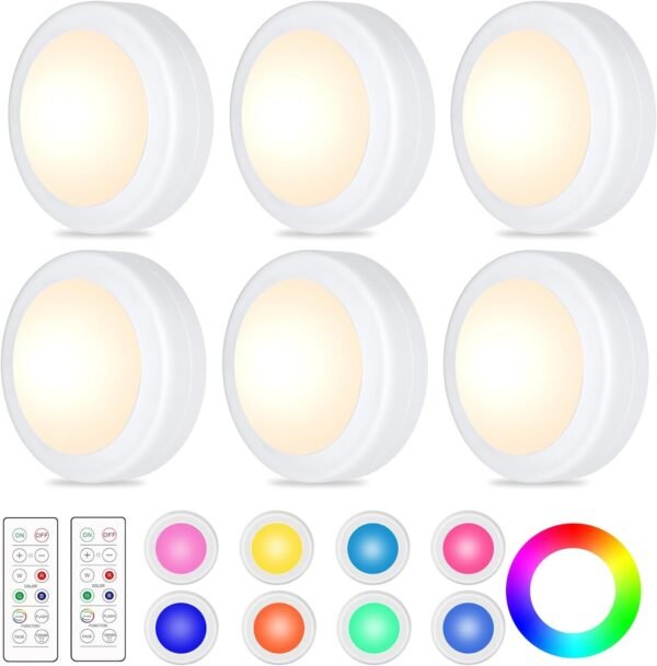 12 Pack LED Puck Lights Remote Control 16 Color Changeable Under Cabinet Lights, Battery Operated Lights Night Light with Dimmer & Timmer for Closet Bedroom Kitchen, White