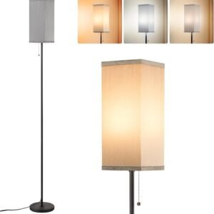 Tall Floor Lamp with Linen Shade - 3 Color Temperature, Black, LED Bulbs, Pull Chain Switch, Easy Assembly