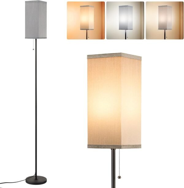 Tall Floor Lamp with Linen Shade - 3 Color Temperature, Black, LED Bulbs, Pull Chain Switch, Easy Assembly
