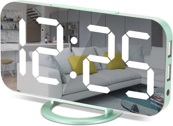 Digital Alarm Clock,7 in LED Mirrored Clocks Large Display,with 2 USB Charger Ports,Auto Dim,Night Mode,Modern Desktop Electronic Clocks for Bedroom Home Office Decor - Gold