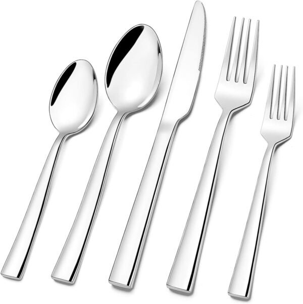 Silverware Set for 12, CXJY 60-Piece Stainless Steel Flatware Cutlery Set, Square Edge Kitchen Utensil Include Knives/Forks/Spoons, Tableware for Home/Hotel, Mirror Polished Dishwasher Safe