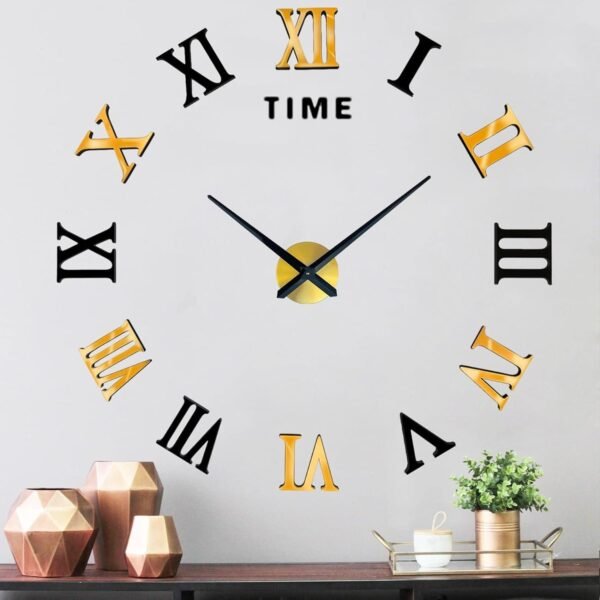 Large 3D DIY Wall Clock, Giant Roman Numerals Clock Frameless Mirror Big Wall Clock Home Decoration for Home Living Room Bedroom Wall Decorations(Gold)