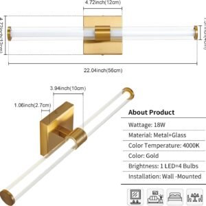 Gold Bathroom Vanity Light Fixtures Over Mirror 22 inch Modern LED Vanity Lights for Bathroom with Clear Glass Shade 4000K Bathroom Sconce 360° Bathroom Lighting(Gold 22 inch)