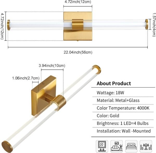 Gold Bathroom Vanity Light Fixtures Over Mirror 22 inch Modern LED Vanity Lights for Bathroom with Clear Glass Shade 4000K Bathroom Sconce 360° Bathroom Lighting(Gold 22 inch)