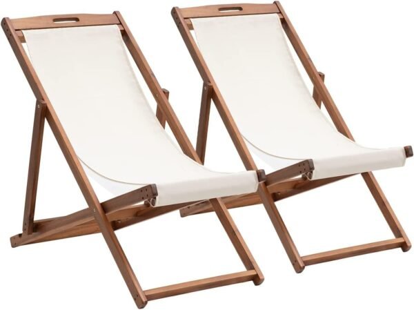 Lounge Chair Outdoor Beach Chair Set of 2, Beach Sling Chair Chairs Set of 2 , Wooden Folding Outdoor Chairs for Outside, 3 Level Height Adjustable, Portable Reclining Beach Chair