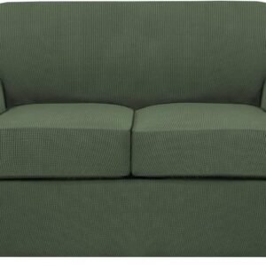H.VERSAILTEX 3 Piece Stretch Sofa Covers for 2 Cushion Sofa Couch Covers for Living Room Furniture Cover (Base Cover Plus 2 Seat Cushion Covers) Thicker Jacquard Fabric(Large Sofa, Grey)