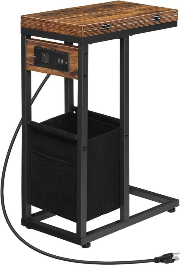 61GO-XBBbmL._AC_SL1500.jpg HOOBRO C Shaped Side Table with Charging Station, Foldable End Table with Fabric Bag, Sofa Table Coffee Table Snack Table for Couch Small Space Living Room, Bedroom, Greige and Black BG30USF01